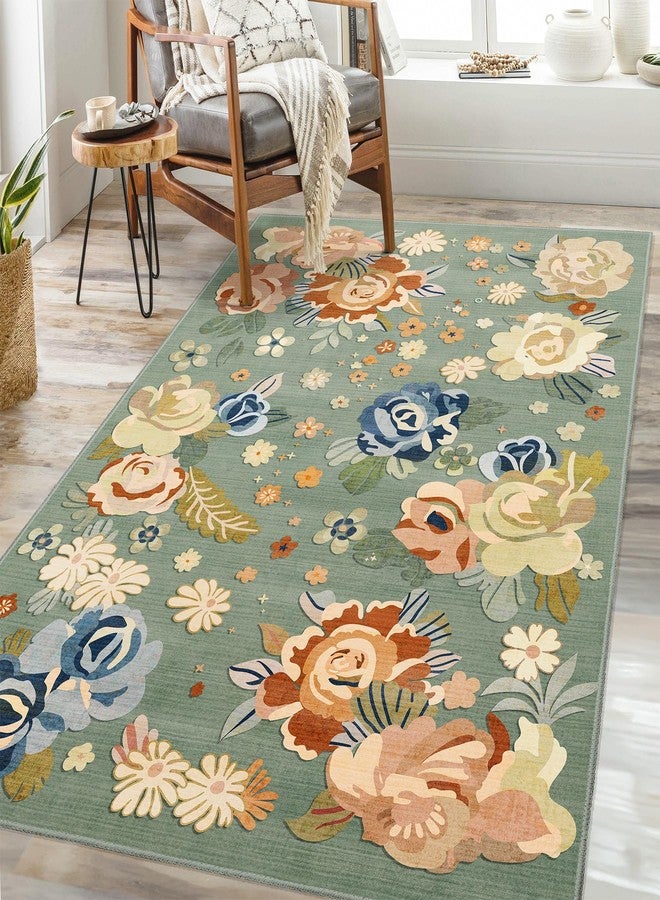 Castage Green Floral Rug 3x5,Boho Washable Area Rugs for Bedroom Living Room Kitchen Entryway Bedside,Small Vintage Farmhouse Bohemian Oriental Non Slip Carpet - Image 1